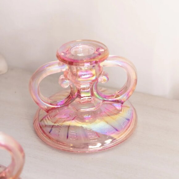 Vintage Pink Iridescent Handled Short Candlesticks (Set of 2) - Picture 4 of 5